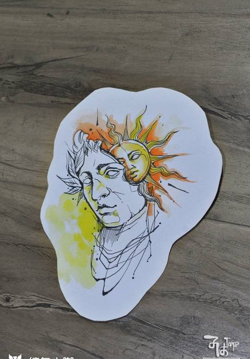 阿波罗太阳神罗马石膏像抽象希腊纹身图片_水彩New School纹身图案