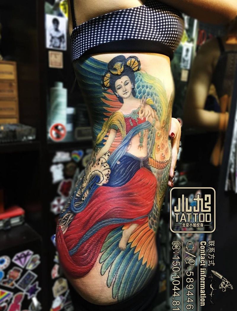 飞天凤凰纹身图片_成品腹部腰部背部臀部腿部传统人物动物纹身图案