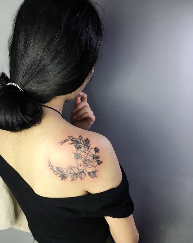 花语纹身图片_成品肩部清新植物荆州唯刺青纹身图案