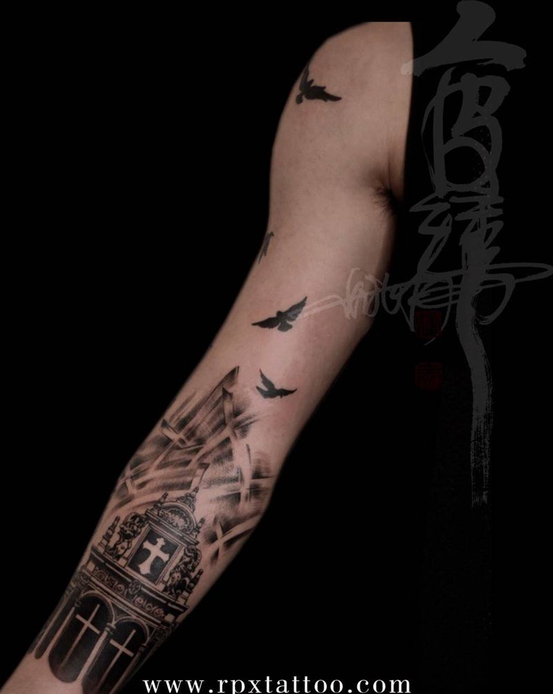 教堂纹身图片_手臂手部欧美写实宗教原创纹身图案