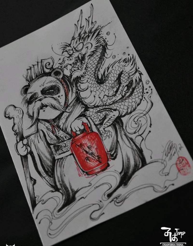 豢龙老官 国风手稿 ©长沙子沐纹身图片_水墨纹身图案