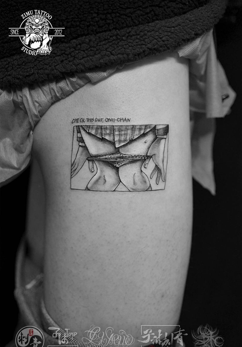 小h图 黑灰纹身图片_腿部欧美写实New School纹身图案