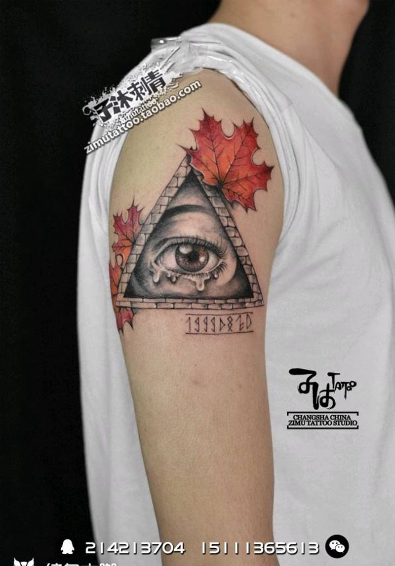 耗时3.1 枫叶与泪 上帝之眼纹身图片_成品纹身图案