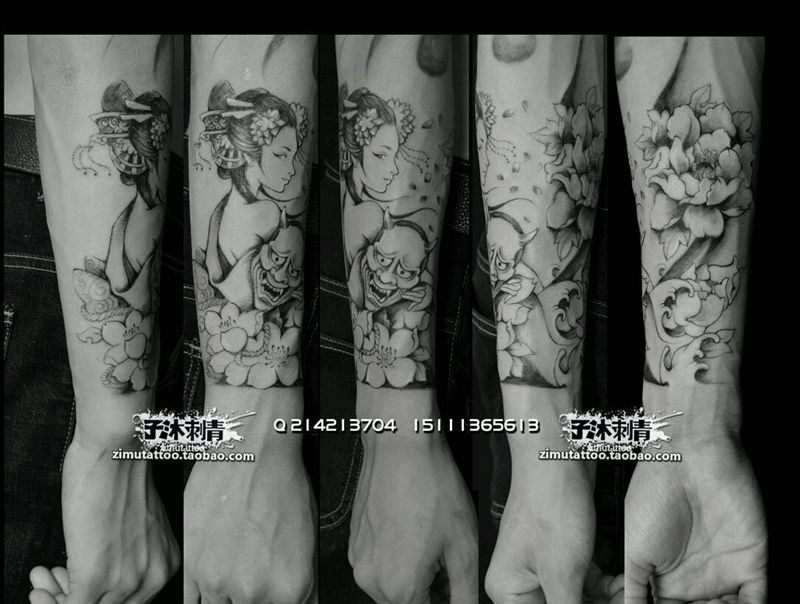 耗时4.1艺妓.花与般若鬼面具纹身图片_手臂欧美人物成品纹身图案