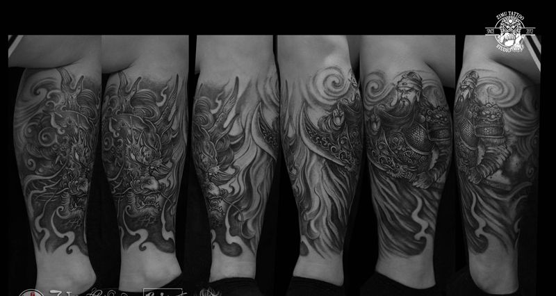 包小腿 关羽 麒麟 #刺青 #纹身图片_腿部老传统新传统纹身图案