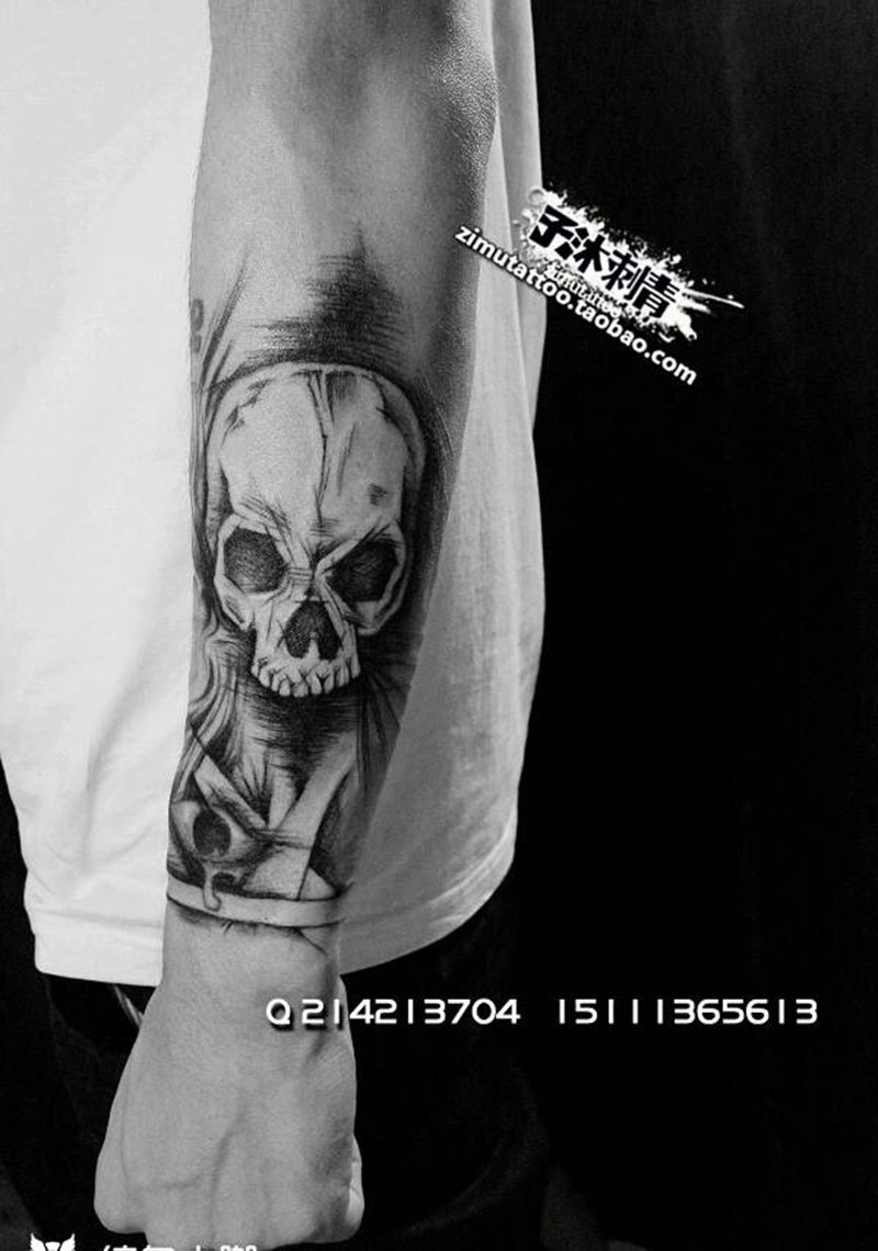 线条素描骷髅小臂纹身图片