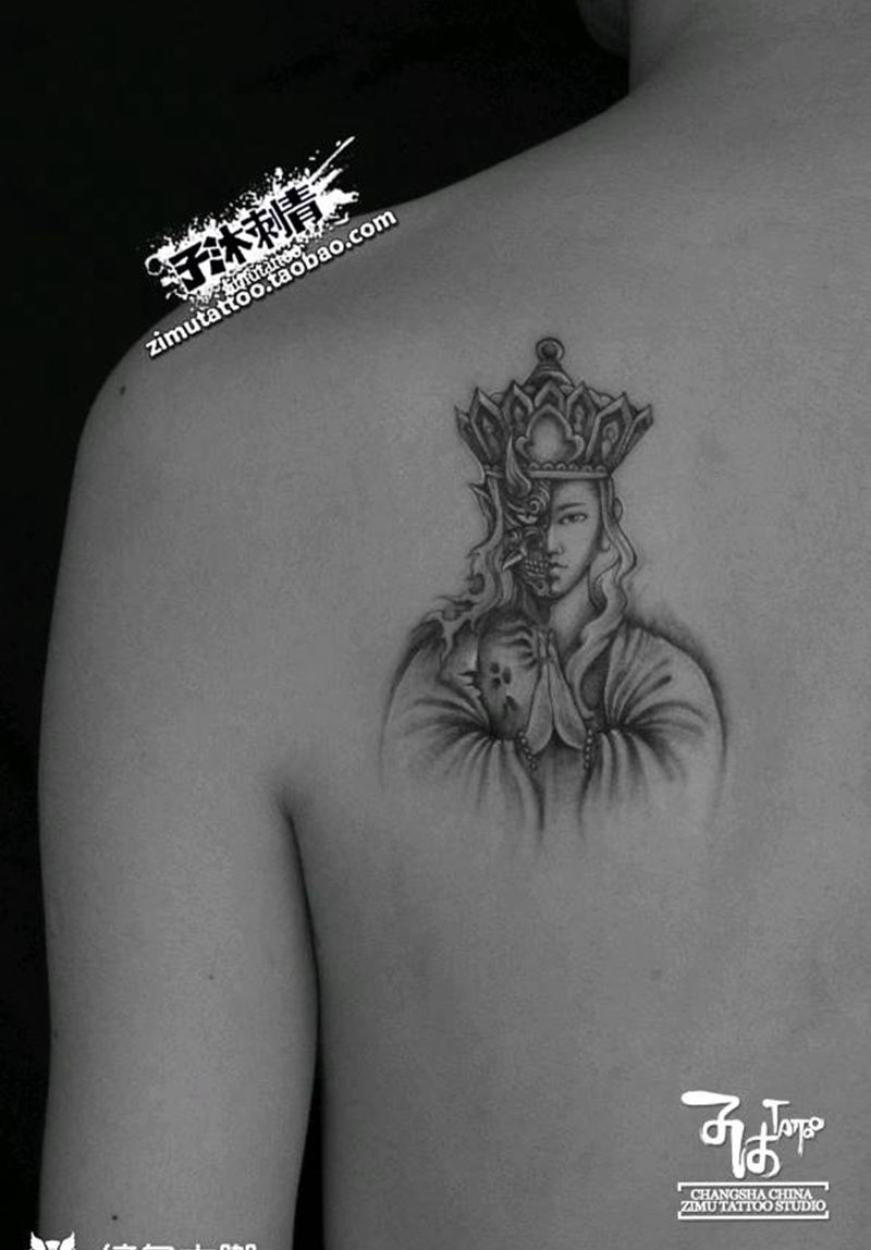 佛魔一念间 善恶两面生纹身图片_手部欧美写实新传统纹身图案