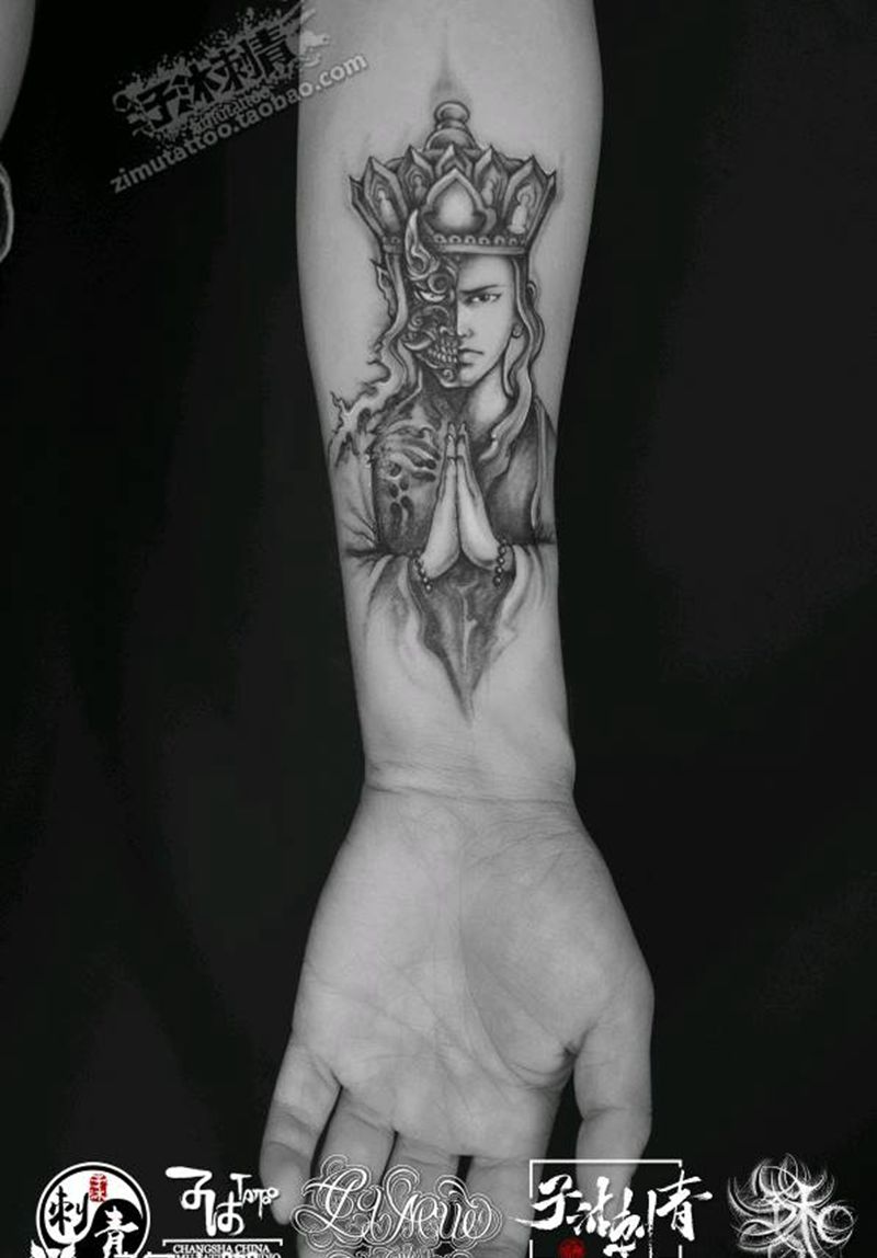 一念之间 成佛成魔 善恶合一纹身图片_手臂新传统纹身图案