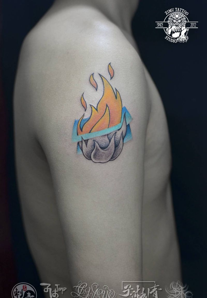 火焰的彩色烈火纹身图片_手臂New School几何纹身图案