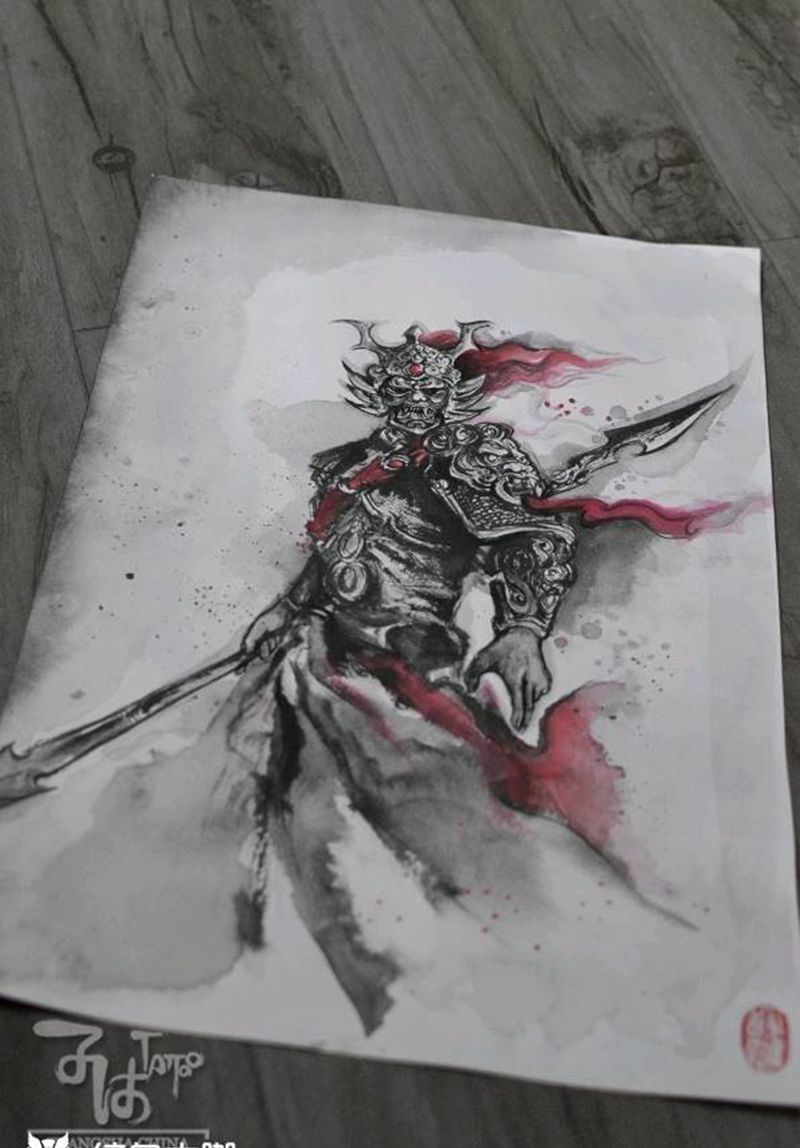 我的水墨手稿战将武士鬼面纹身图片_水墨新传统纹身图案