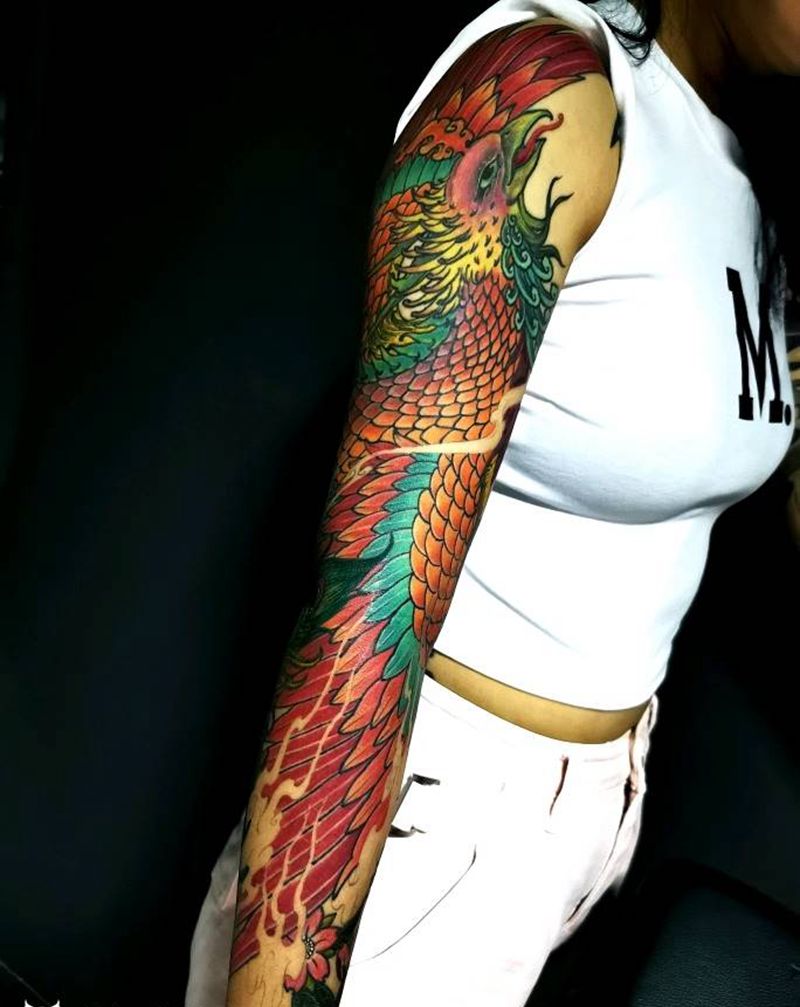 凤凰花臂纹身图片_手臂新传统凤凰纹身图案