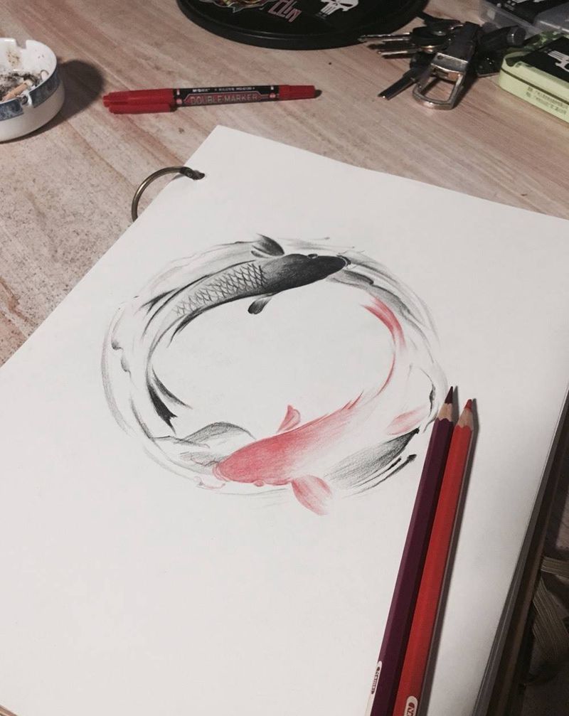 水墨风水鱼纹身图片_成品手稿背部传统国画动物原创荆州唯刺青纹身图案