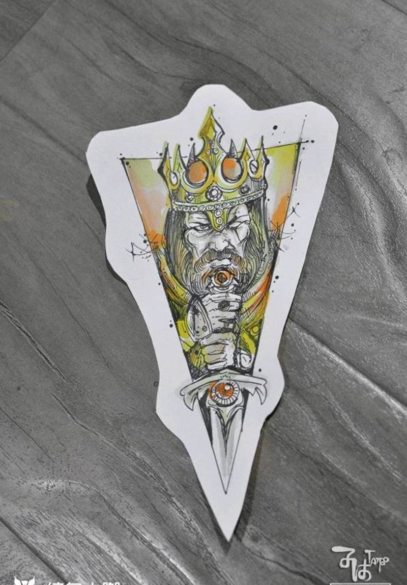 国王宝剑三角形几何人物肖像战士纹身图片_New School几何纹身图案