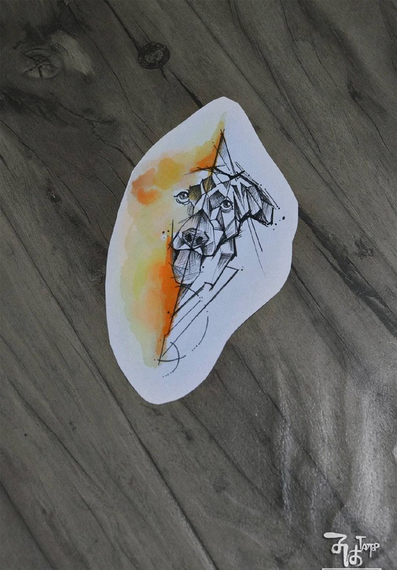 抽象写意小狗水彩几何纹身图片_几何New School纹身图案