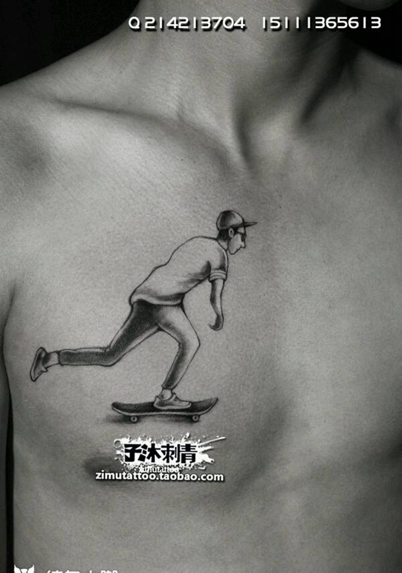 来自西藏拉萨的藏族滑板少年纹身图片_胸部欧美清新人物成品纹身图案
