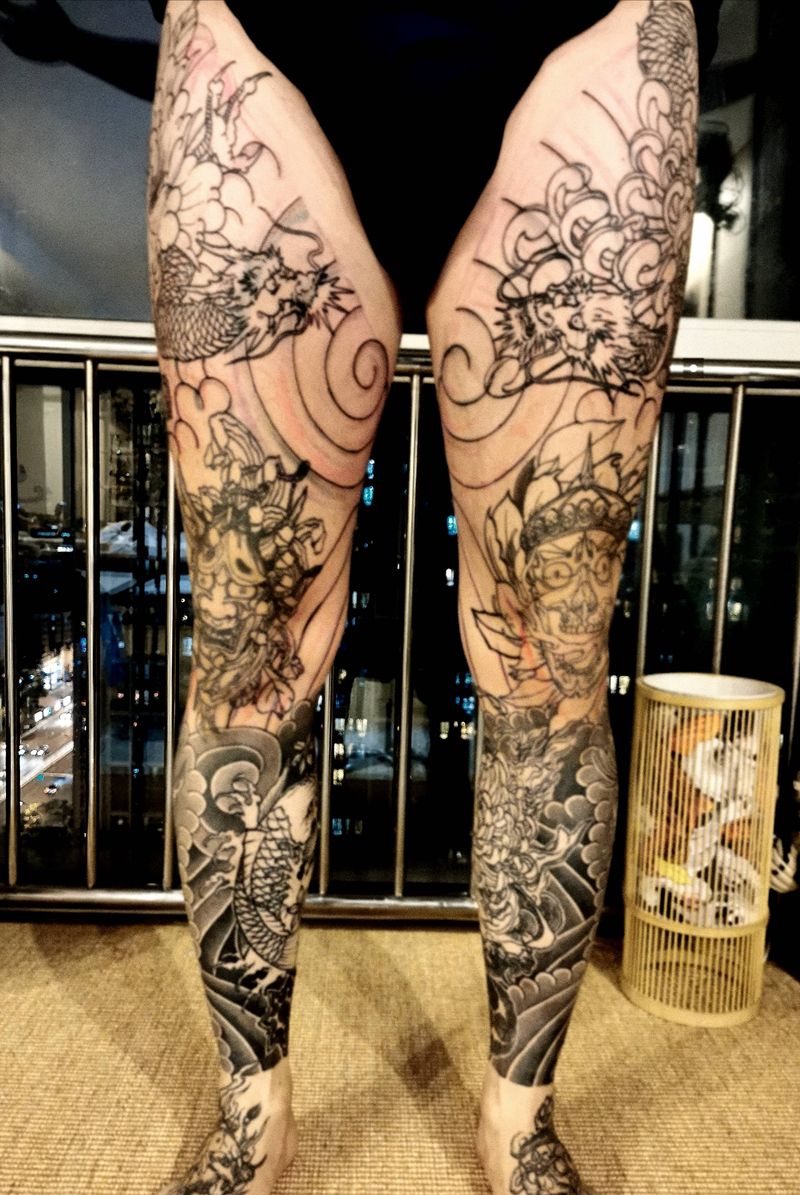 老传统花腿设计纹身图片_腿部老传统长沙长沙学花腿纹身图案