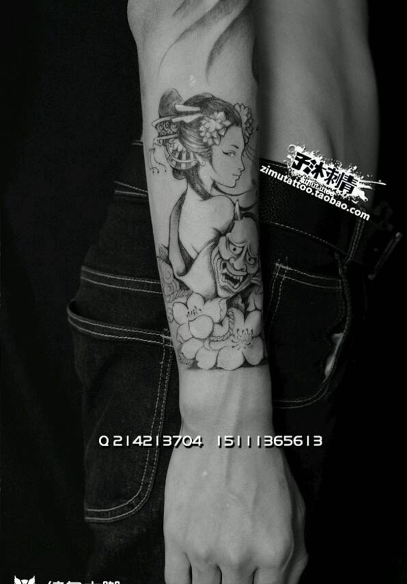 耗时4.1艺妓.花与般若鬼面具纹身图片_手臂欧美肖像清新人物宗教成品纹身图案