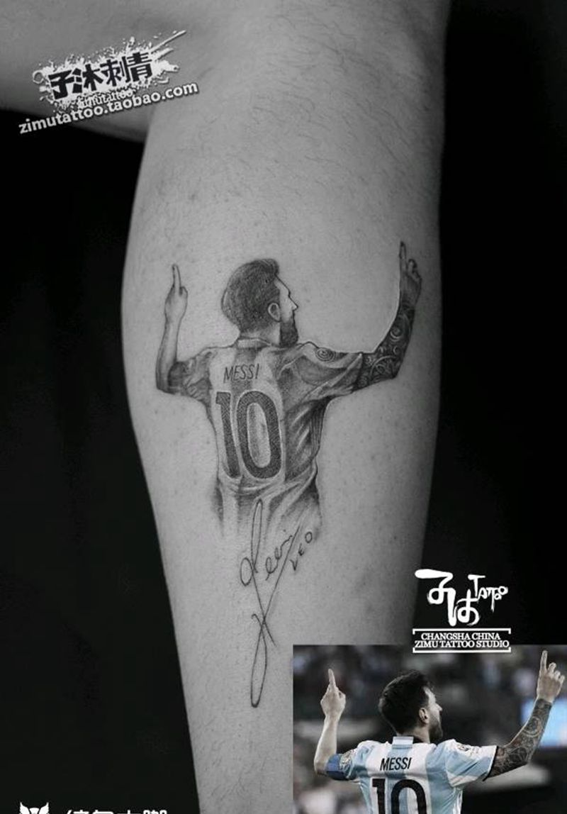 梅球王梅西小腿写实球星纹身图片_腿部欧美写实纹身图案