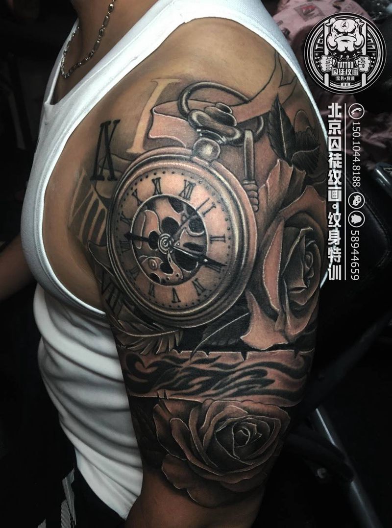 钟表玫瑰纹身图片_成品手臂肩部欧美写实植物原创静物纹身图案