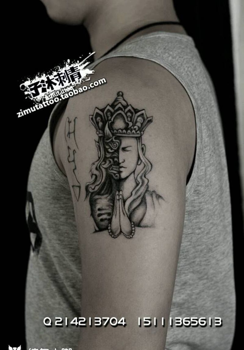 花开生两面,人生佛魔间。纹身图片_手臂欧美传统肖像写实人物鬼神宗教成品纹身图案