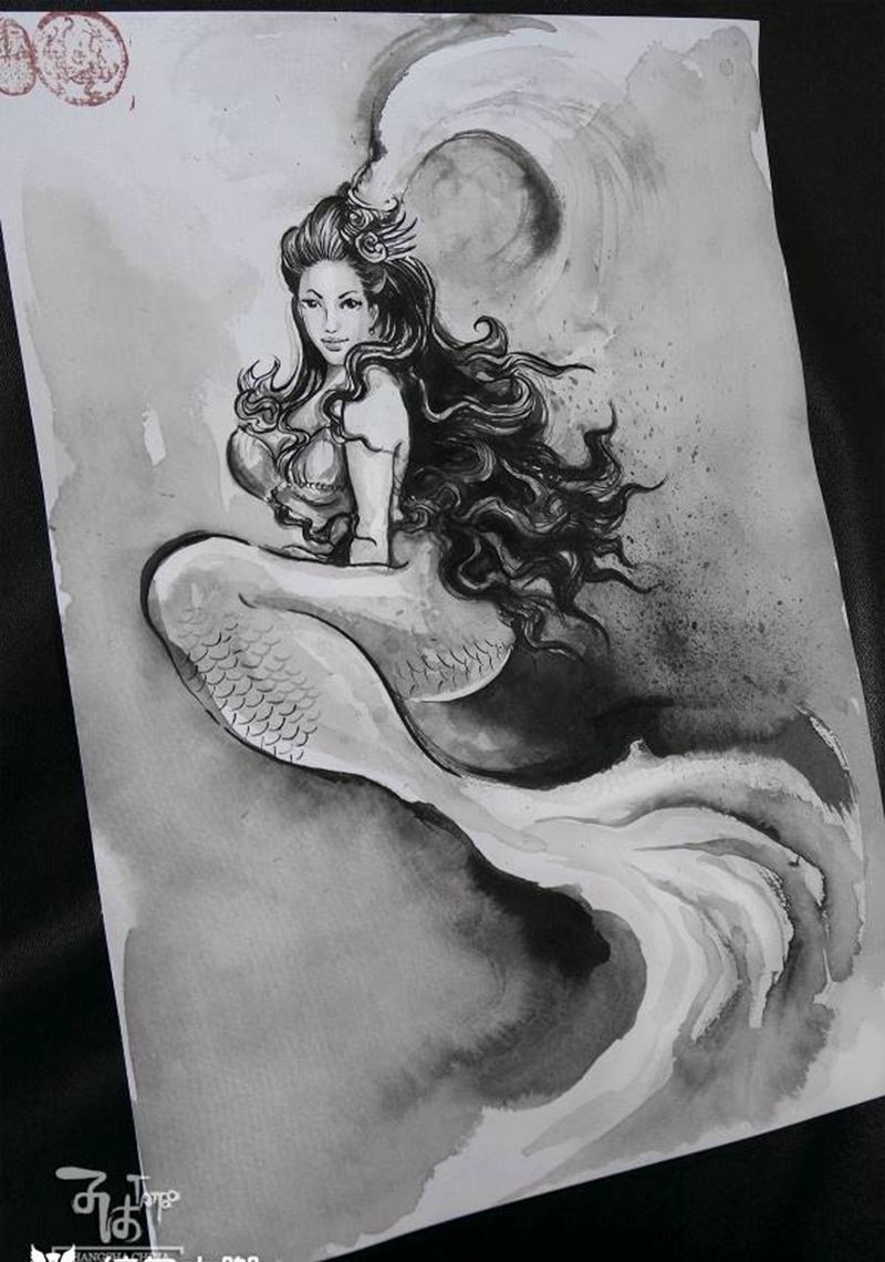 泼墨中国风美人鱼水彩抽象纹身图片_水彩水墨纹身图案