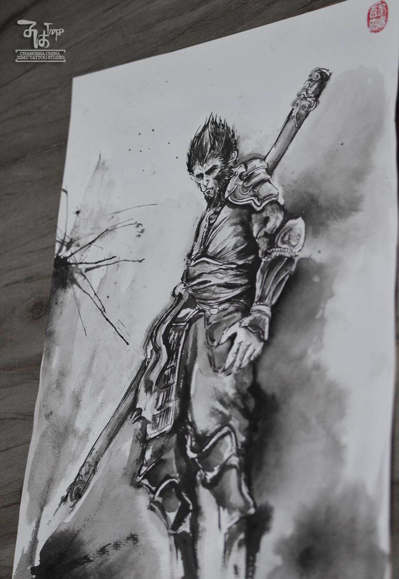黑神话：悟空我的泼墨手稿纹身图片_新传统水墨纹身图案