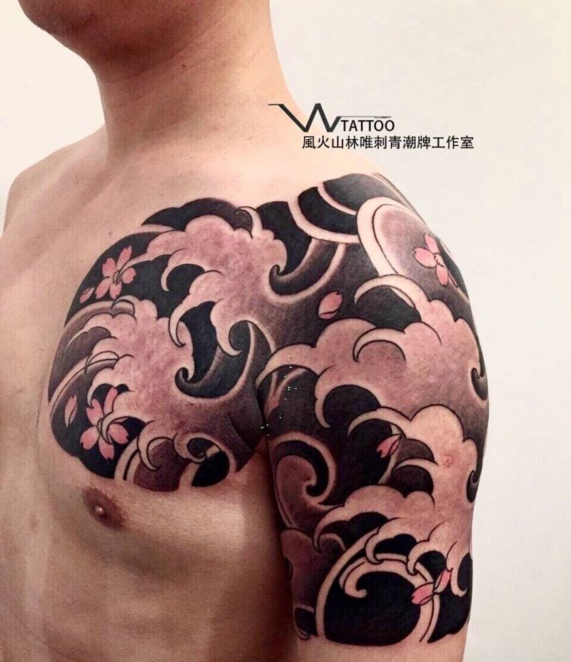 浪纹身图片_成品胸部肩部传统荆州唯刺青静物纹身图案