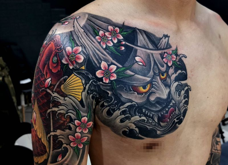 锦鲤般若半胛纹身图片_胸部手臂新传统半胛长沙长沙学纹身图案