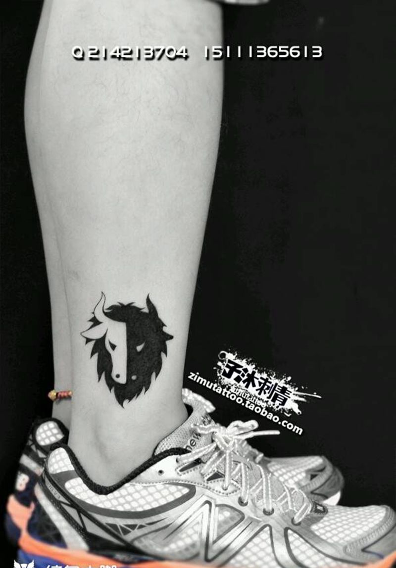 牦牛纹身图片_腿部图腾原创成品纹身图案