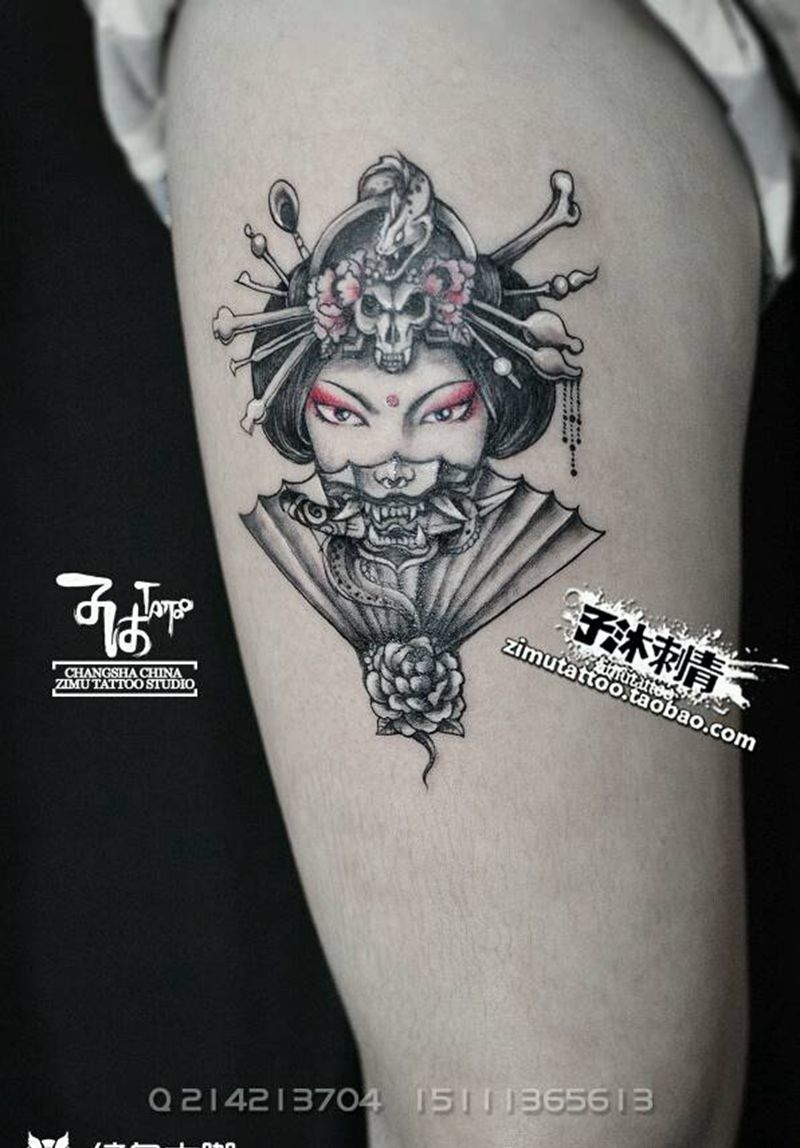 耗时2.4  艺伎之粹纹身图片_腿部欧美传统人物宗教原创成品纹身图案