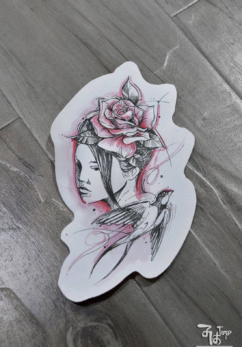 花鸟女艺妓人燕子纹身图片_New School纹身图案