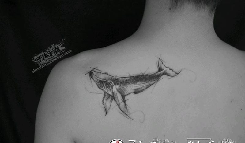 遮盖文字鲸鱼速写线条纹身图片_几何纹身图案