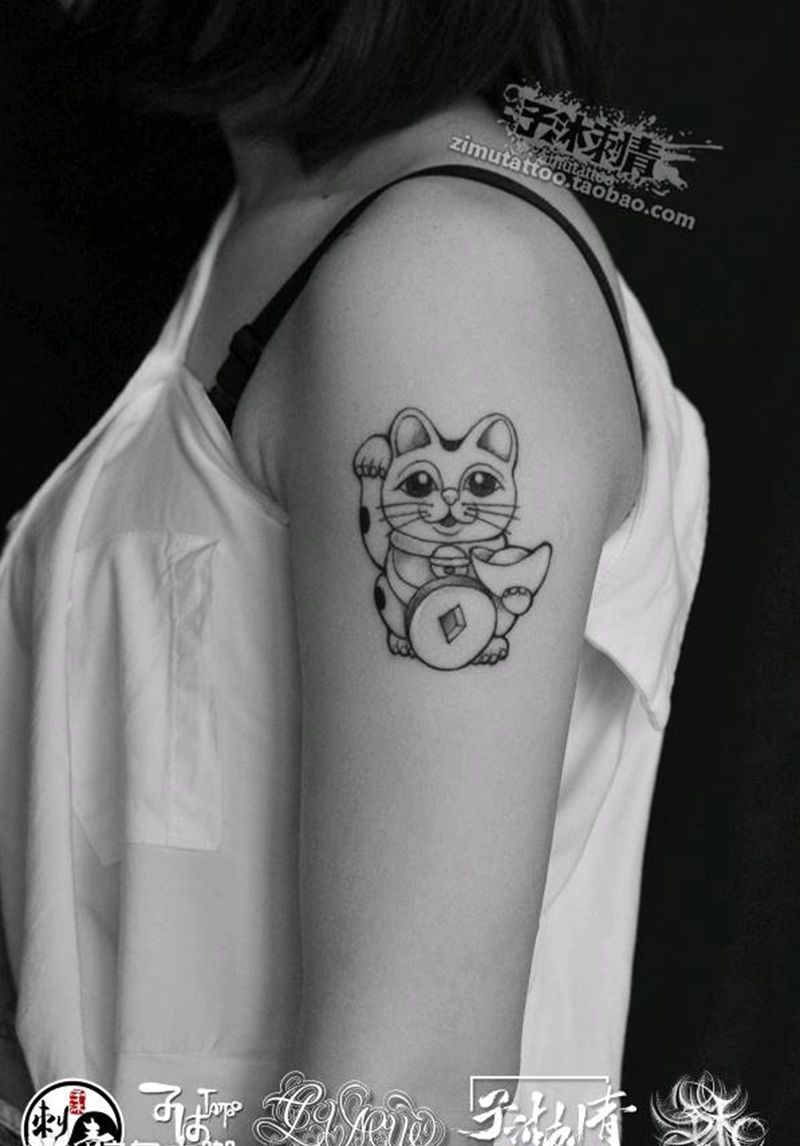 情侣招财猫纹身图片_几何纹身图案