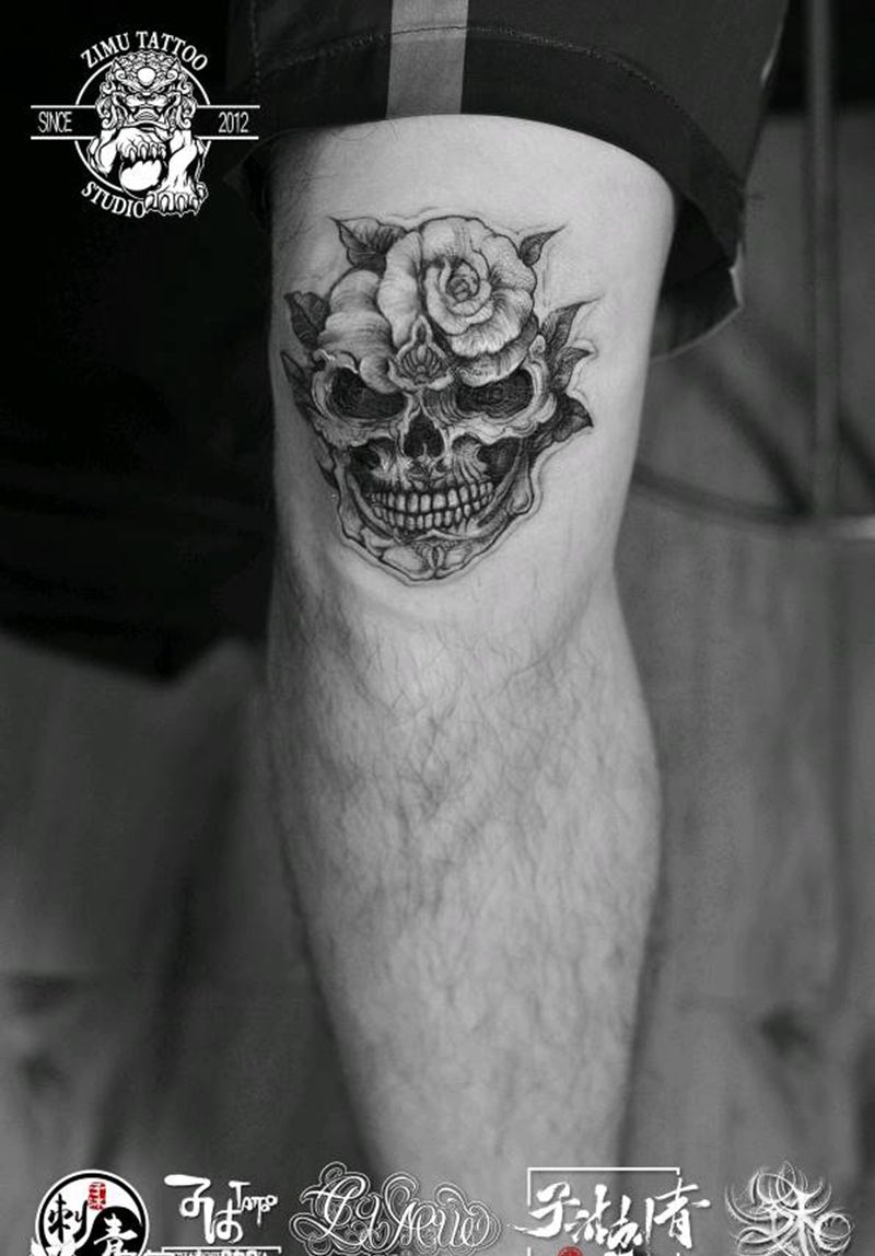 遮盖疤痕，膝盖骷髅花纹身图片_几何纹身图案