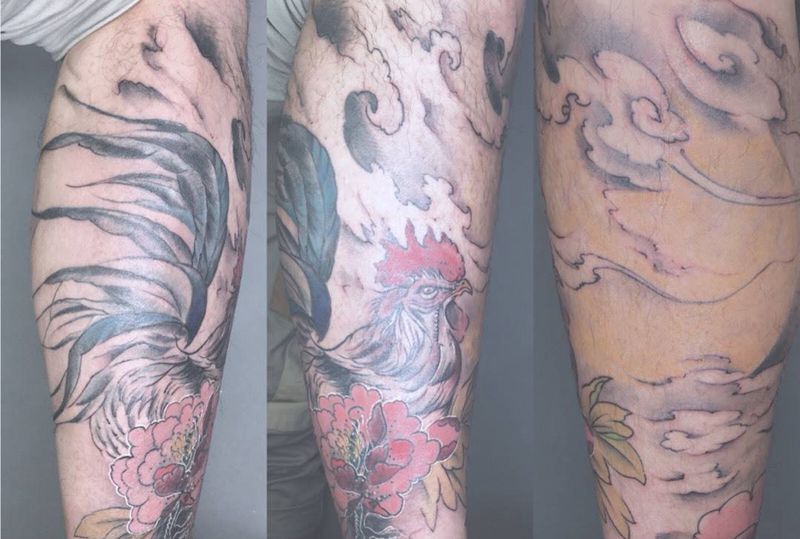 鸡（遮盖）纹身图片_成品传统腿部动物荆州唯刺青纹身图案