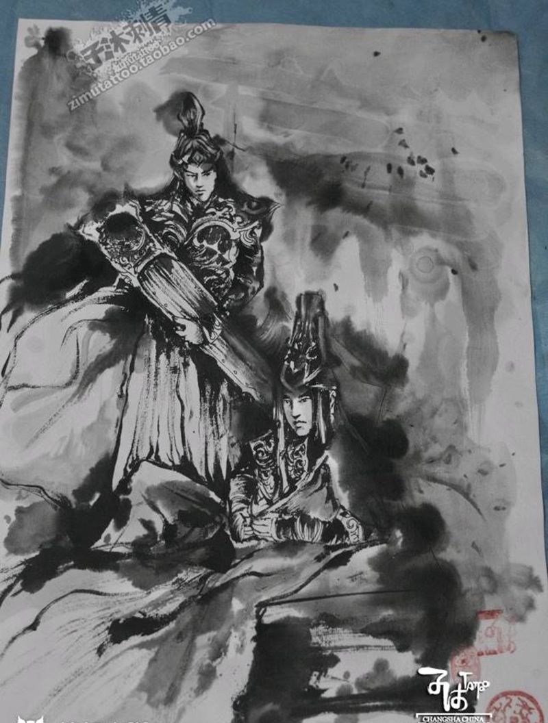 泼墨涂鸦 剑胆琴心纹身图片_手稿插画纹身图案