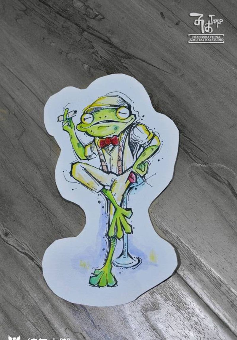 手绘涂鸦小图绿蛙 最近画一套这纹身图片_New School水彩纹身图案