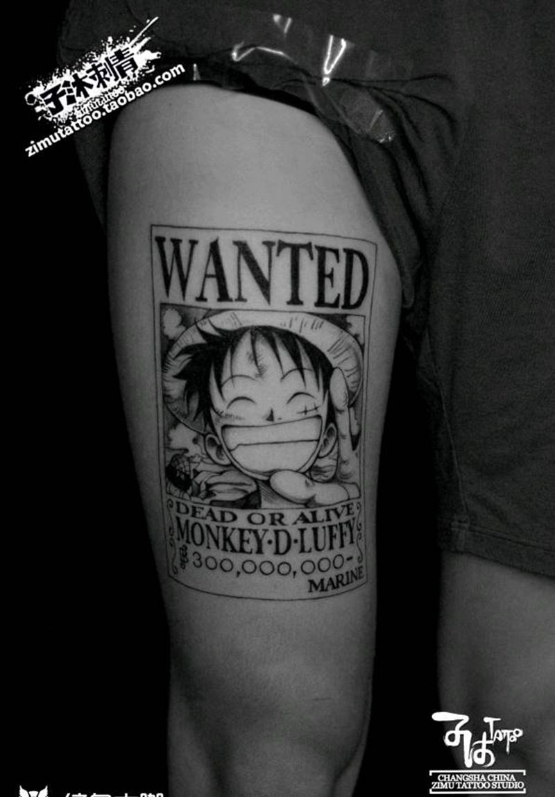 大腿上的通缉令  海盗路飞纹身图片_成品纹身图案