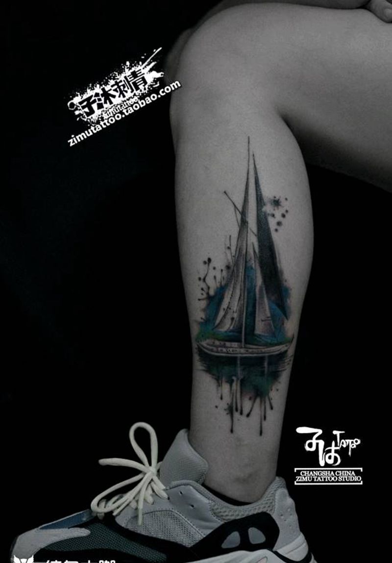 泼墨 帆船纹身图片