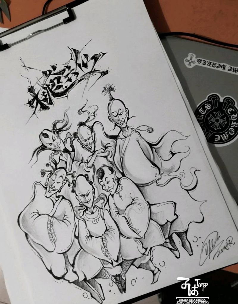 乱涂乱画《桃谷六仙》纹身图片