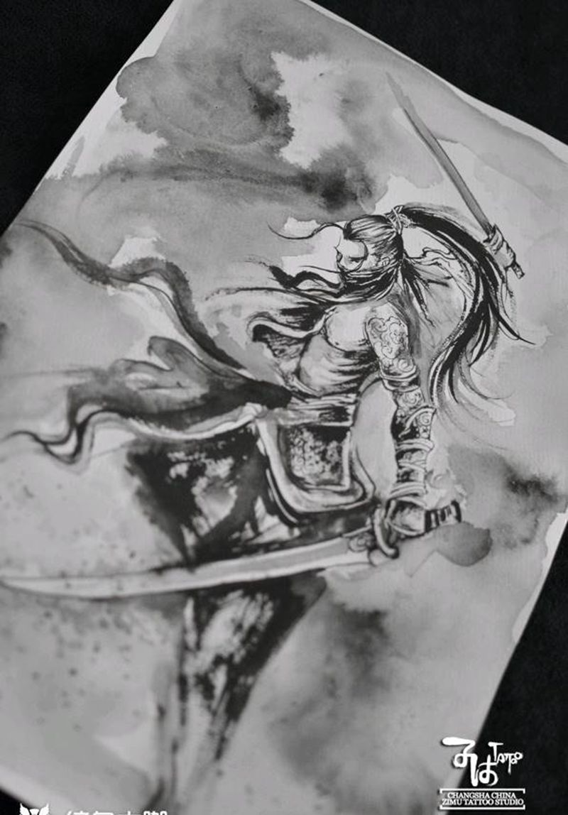 刺客  我的泼墨手稿纹身图片_水墨纹身图案