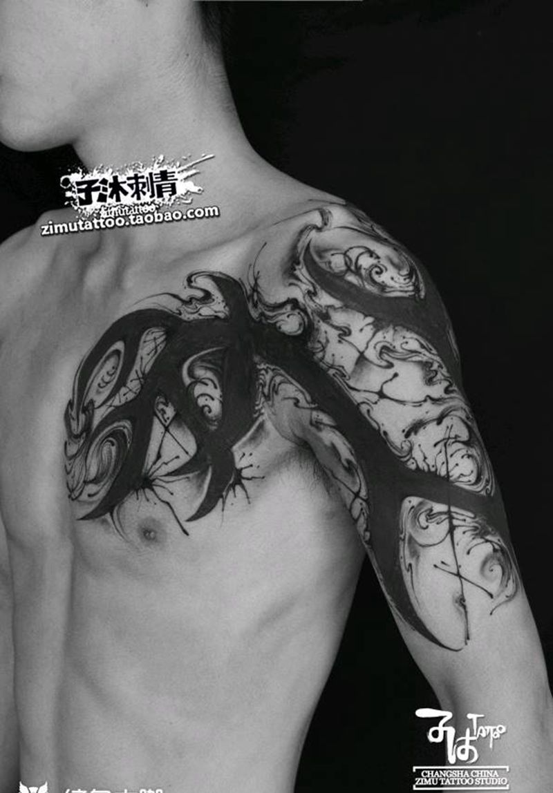 泼墨抽象中国风纹身图片