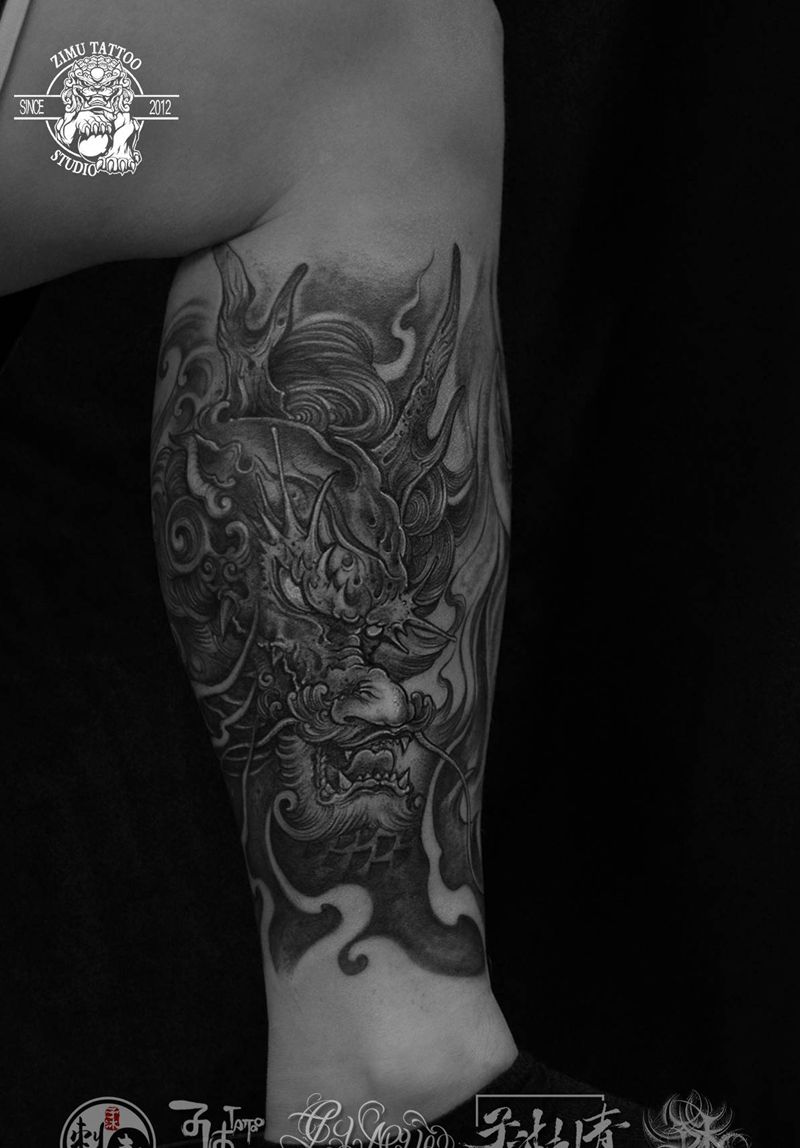 包小腿 关羽 麒麟 #刺青 #纹身图片_腿部新传统欧美写实纹身图案