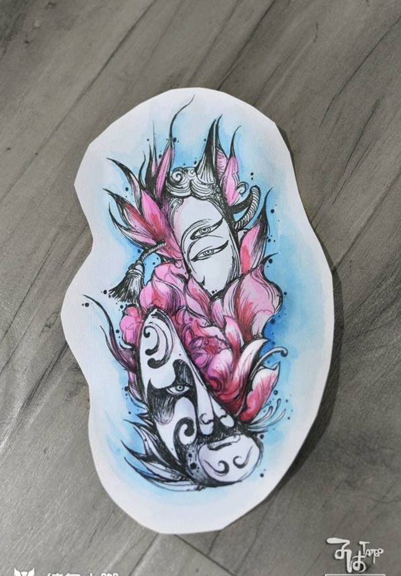 脸谱面具花朵能面霸王别姬纹身图片_New School水彩纹身图案