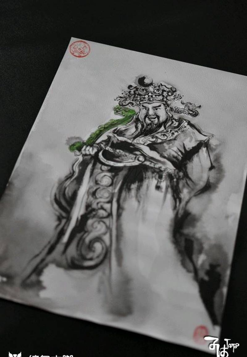 财神爷纹身图片_水墨纹身图案