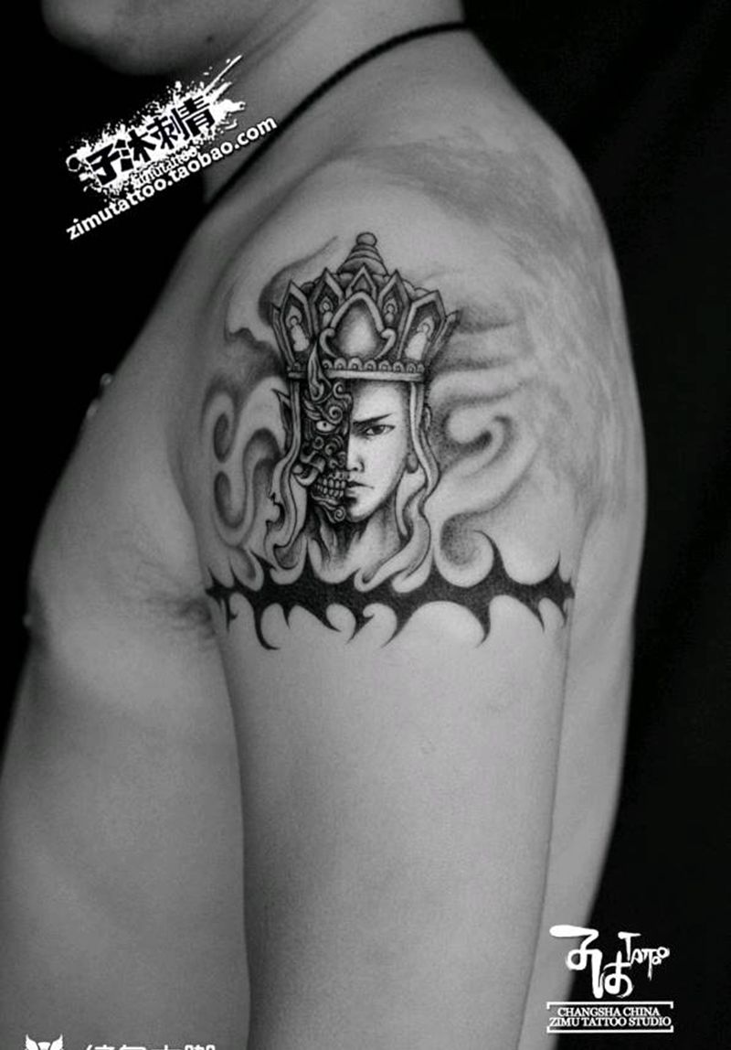 凡心两扇门  善恶一念间纹身图片_成品纹身图案