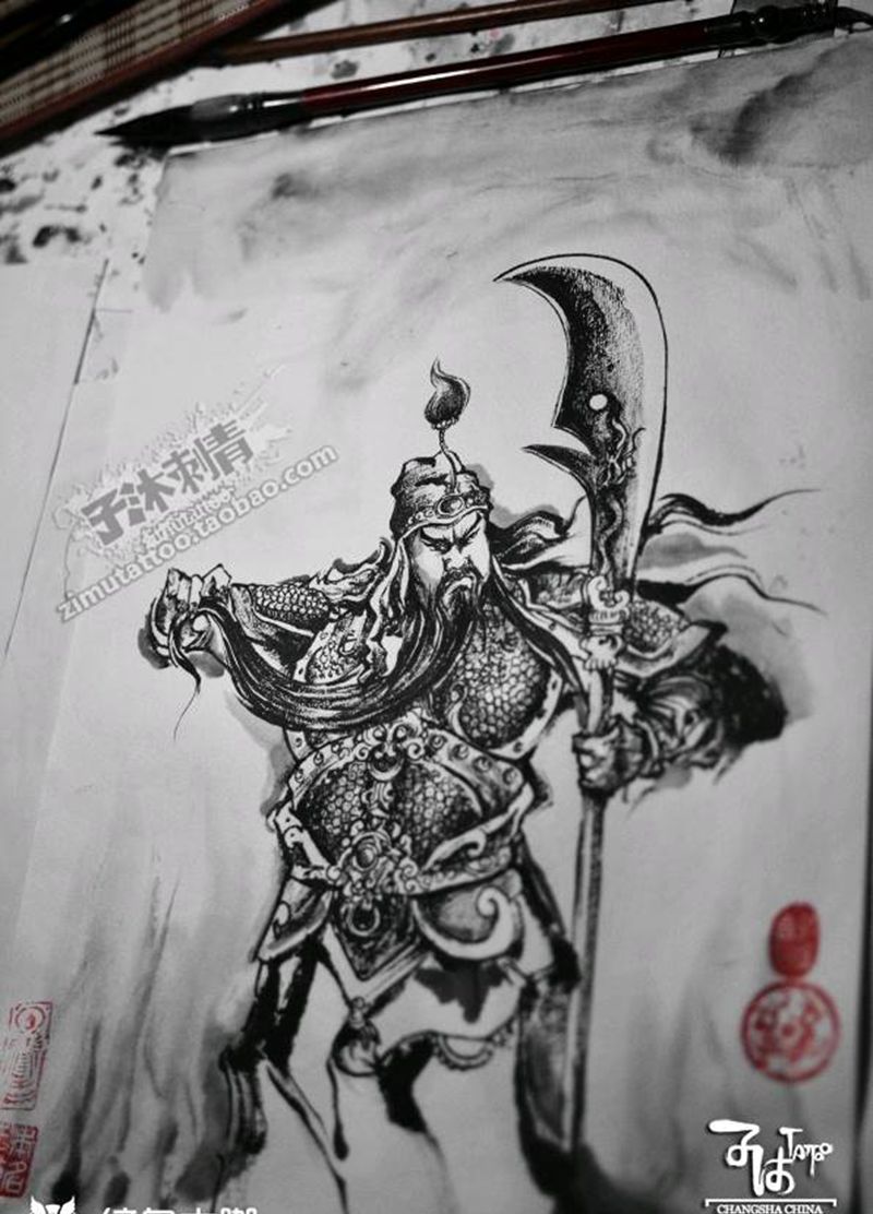 毛笔涂鸦  义薄云天纹身图片_手稿插画纹身图案