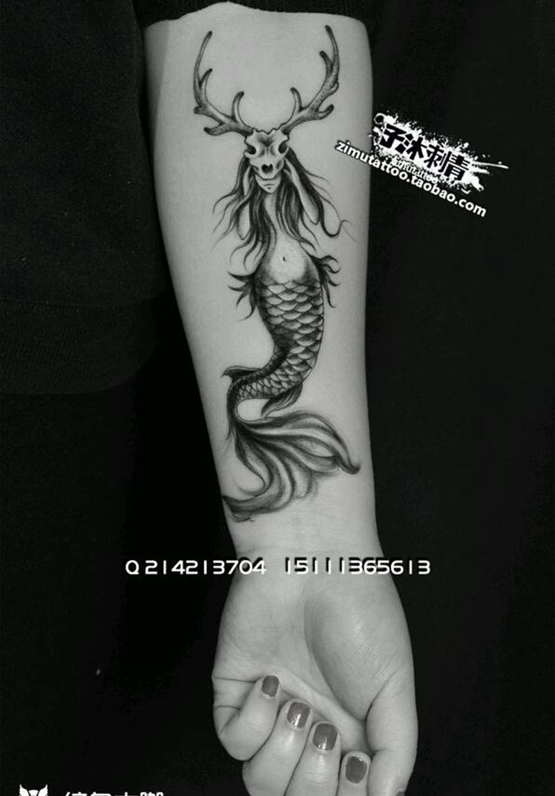 鹿角人鱼  耗时3.9纹身图片_手臂人物鬼神宗教原创成品纹身图案
