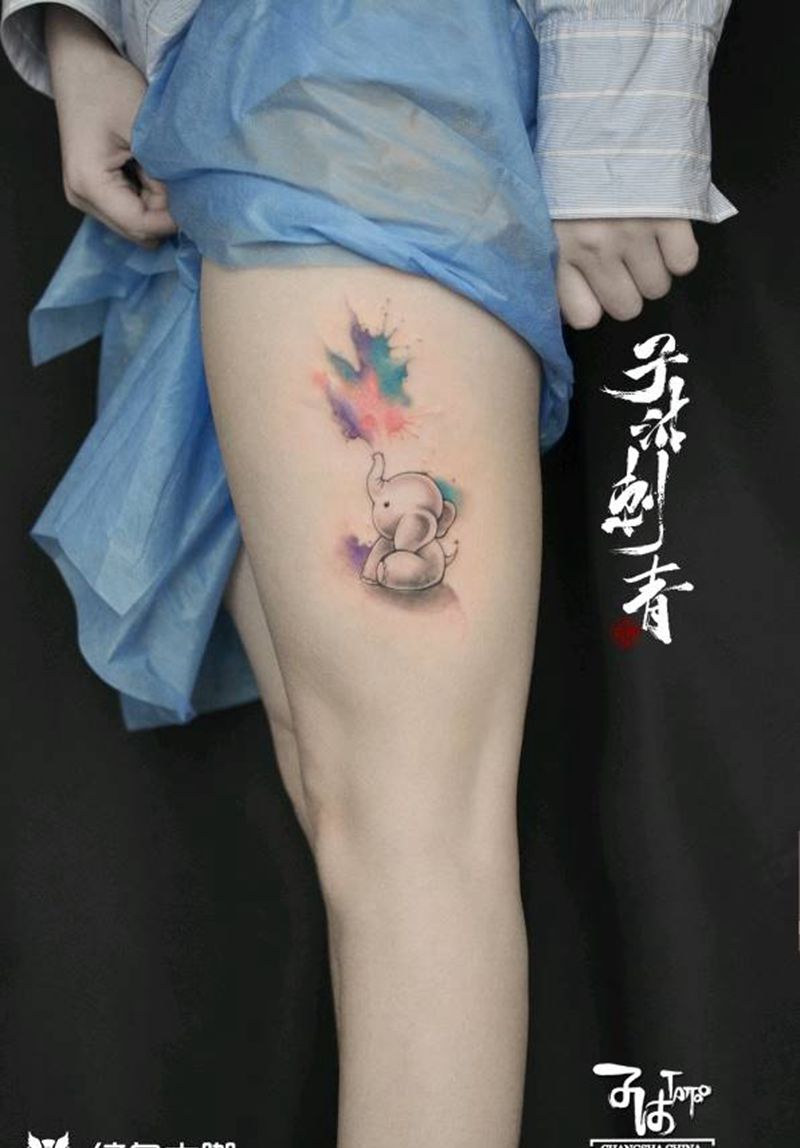 遮盖胎记 大象小象小清新水彩纹身图片_水彩纹身图案