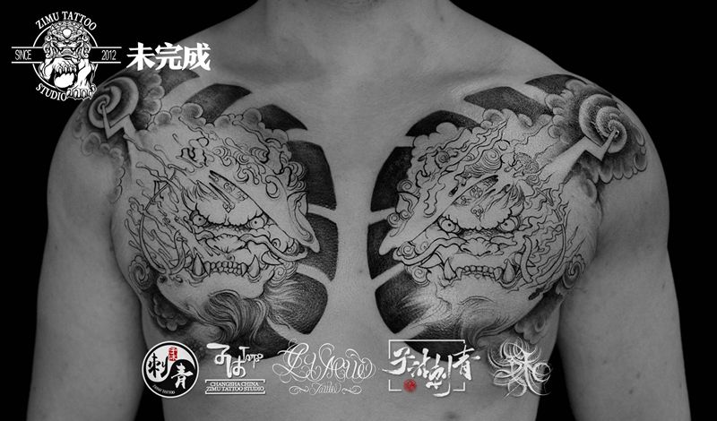 水'火 麒麟 花胸前未完成纹身图片_胸部新传统水墨纹身图案
